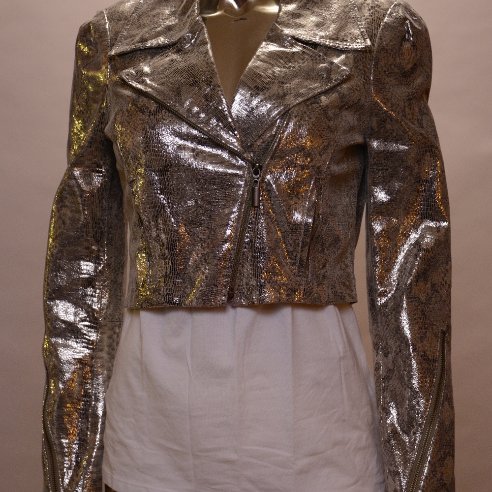 bebe Real leather moto jacket-silver snake pattern